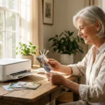 A senior woman smiling and holding a printed photo next to her wireless printer in a bright room.