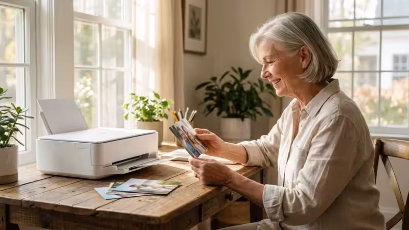 A senior woman smiling and holding a printed photo next to her wireless printer in a bright room.
