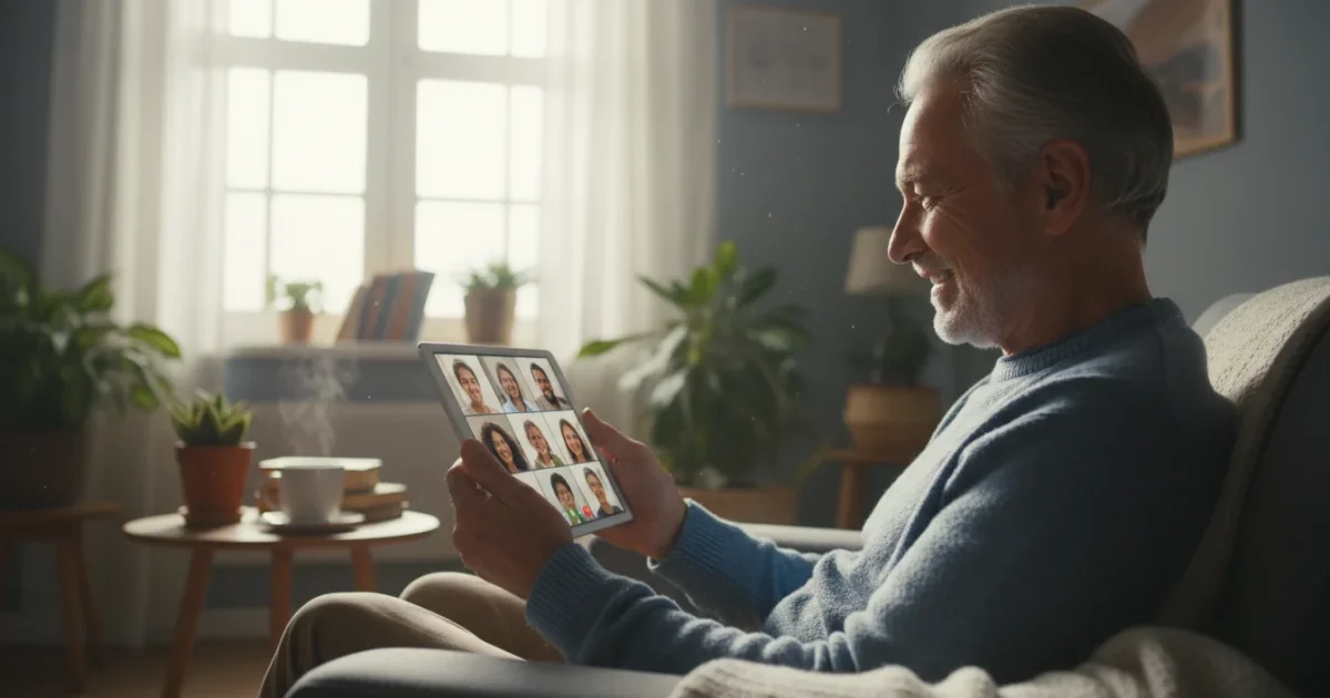 A smiling senior, 70s, making a video call on a tablet in a sunlit living room, appearing confident and happy while connecting with family.