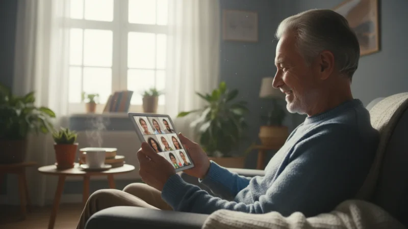 A smiling senior, 70s, making a video call on a tablet in a sunlit living room, appearing confident and happy while connecting with family.