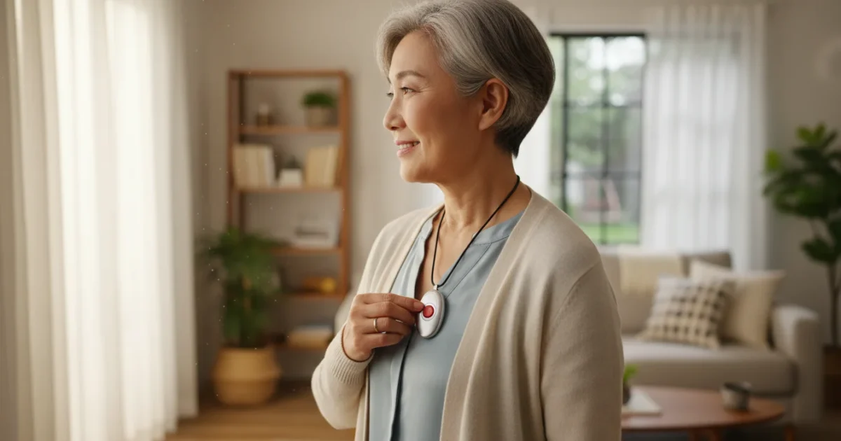 An older Asian woman, seen from over her shoulder, confidently touches a white personal emergency response pendant worn around her neck in a sunlit home.