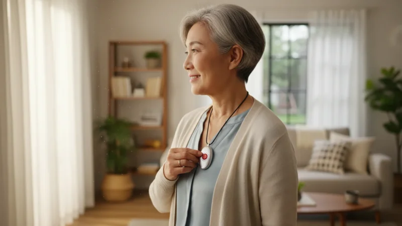 An older Asian woman, seen from over her shoulder, confidently touches a white personal emergency response pendant worn around her neck in a sunlit home.
