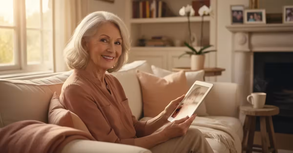 A senior woman smiling warmly while looking at a family photo on her tablet in a sunlit living room.