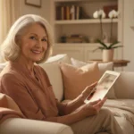 A senior woman smiling warmly while looking at a family photo on her tablet in a sunlit living room.