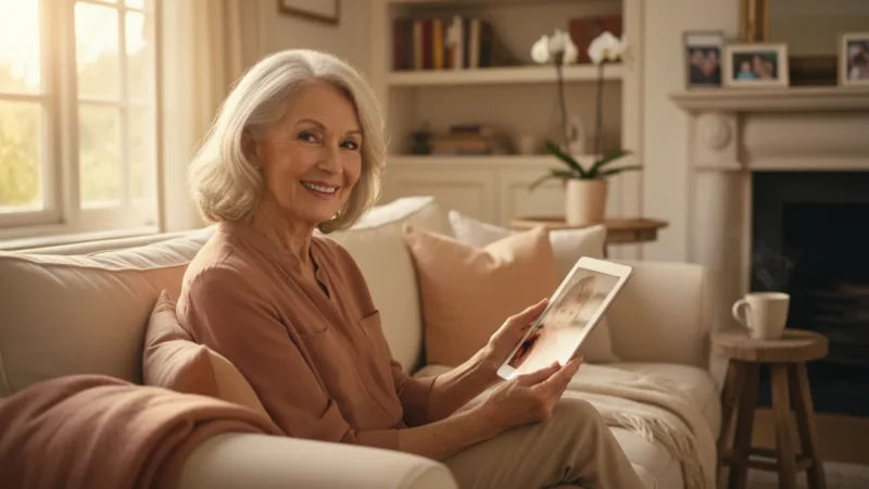A senior woman smiling warmly while looking at a family photo on her tablet in a sunlit living room.
