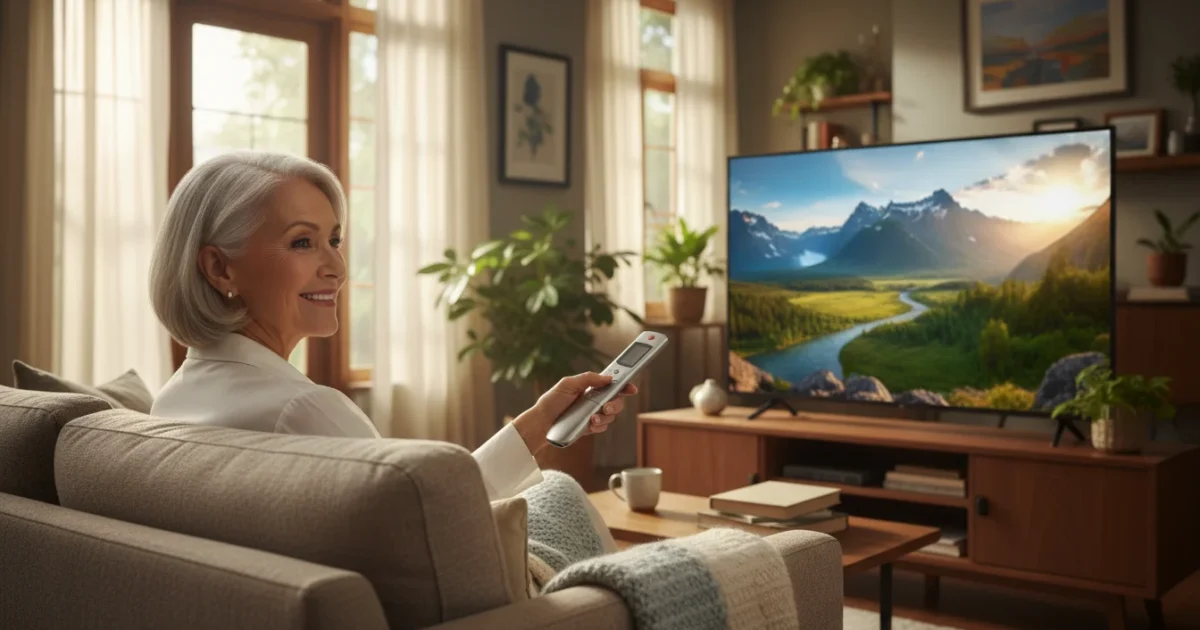 A senior woman smiling while holding a TV remote in a bright, comfortable living room.