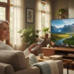 A senior woman smiling while holding a TV remote in a bright, comfortable living room.