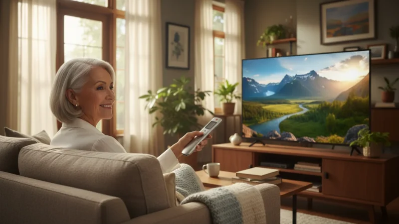A senior woman smiling while holding a TV remote in a bright, comfortable living room.
