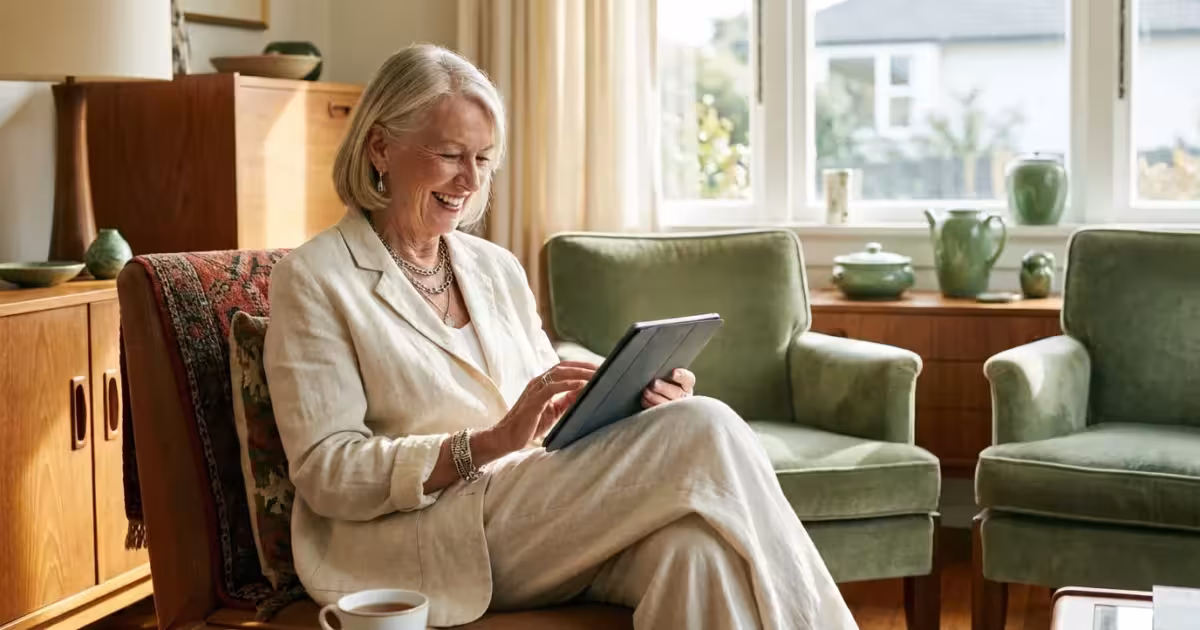 A smiling senior woman using a tablet in a bright, comfortable living room, looking confident and secure.
