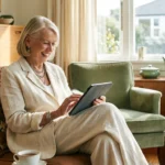 A smiling senior woman using a tablet in a bright, comfortable living room, looking confident and secure.