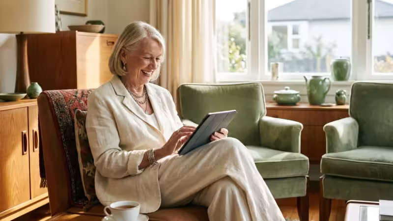 A smiling senior woman using a tablet in a bright, comfortable living room, looking confident and secure.