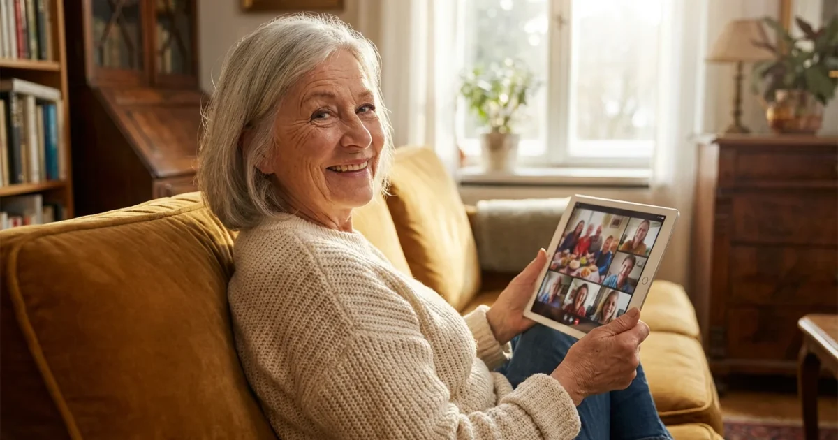 A smiling senior woman comfortably using a tablet in a sun-lit living room.