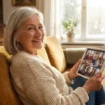 A smiling senior woman comfortably using a tablet in a sun-lit living room.