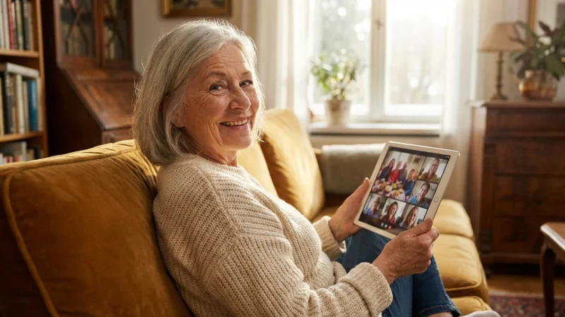 A smiling senior woman comfortably using a tablet in a sun-lit living room.