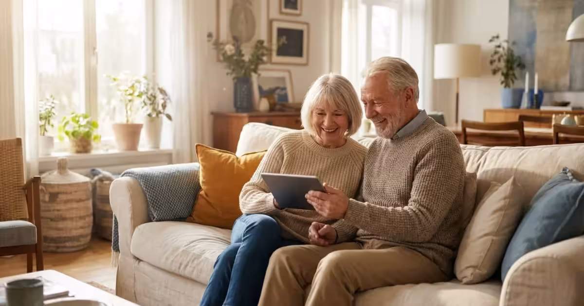 A senior couple smiling while looking at a tablet in a bright, comfortable living room.