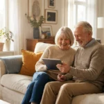 A senior couple smiling while looking at a tablet in a bright, comfortable living room.