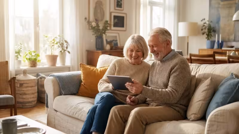 A senior couple smiling while looking at a tablet in a bright, comfortable living room.