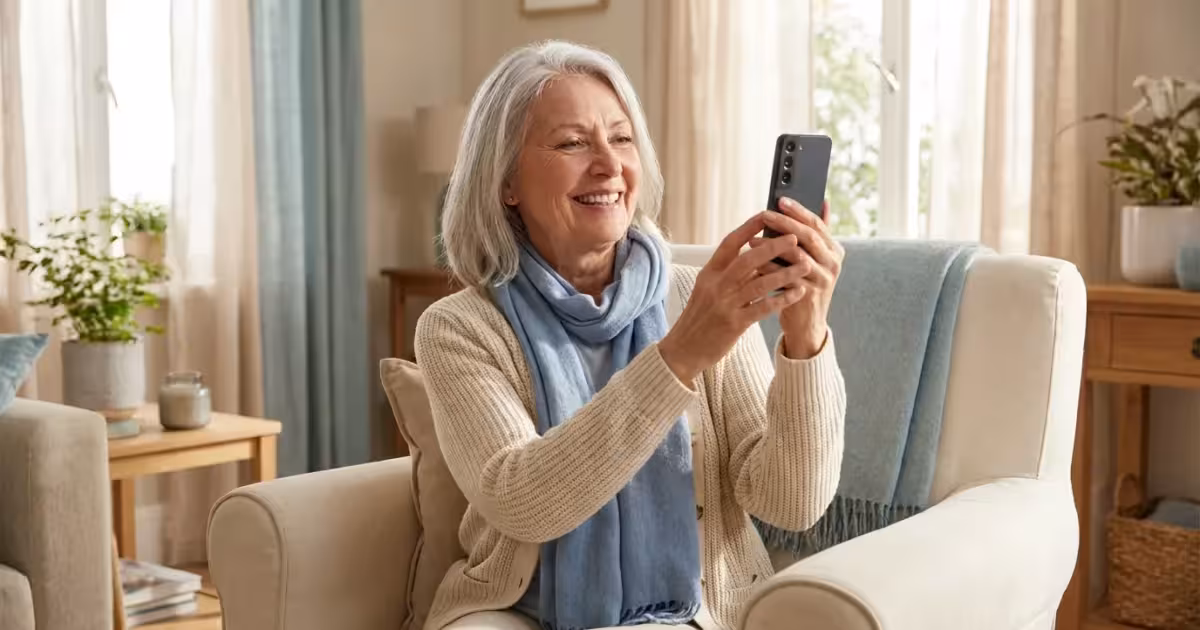 A senior woman smiling while holding her smartphone in a bright, cozy living room.