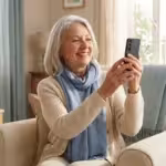 A senior woman smiling while holding her smartphone in a bright, cozy living room.