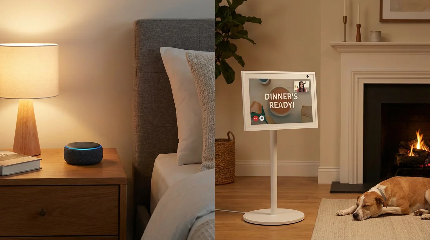 Two different types of Echo devices shown in cozy home settings.