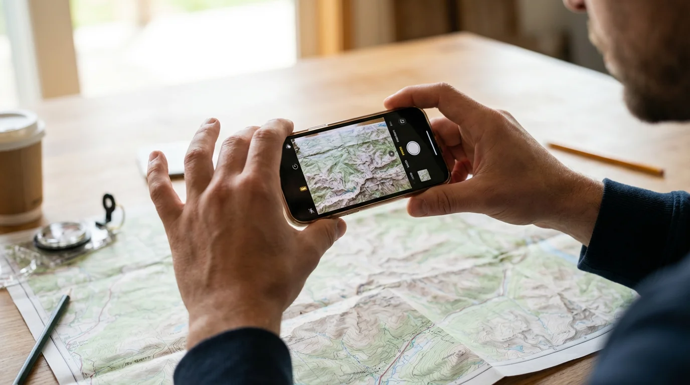 Two hands holding a smartphone steadily over a map to use the magnifier feature.