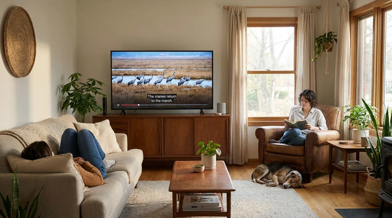 Two people sharing a room peacefully, one watching TV with captions while the other reads.