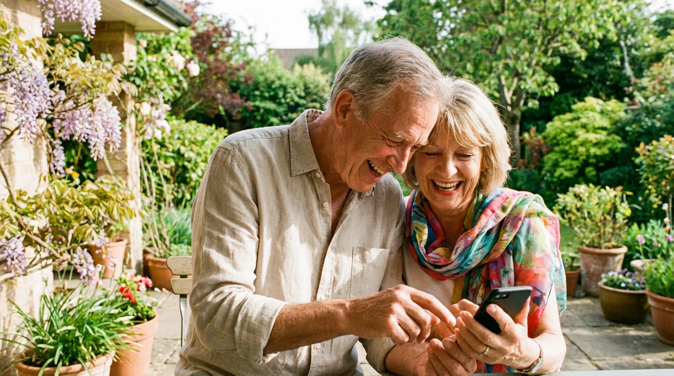 Two senior friends laughing while looking at a smartphone together outdoors.