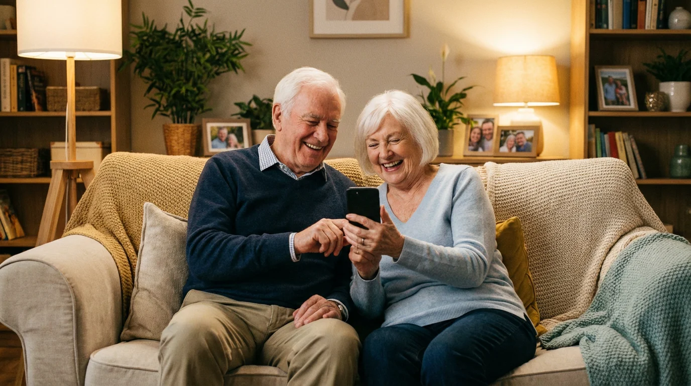 Two seniors looking at a smartphone together in a cozy living room.