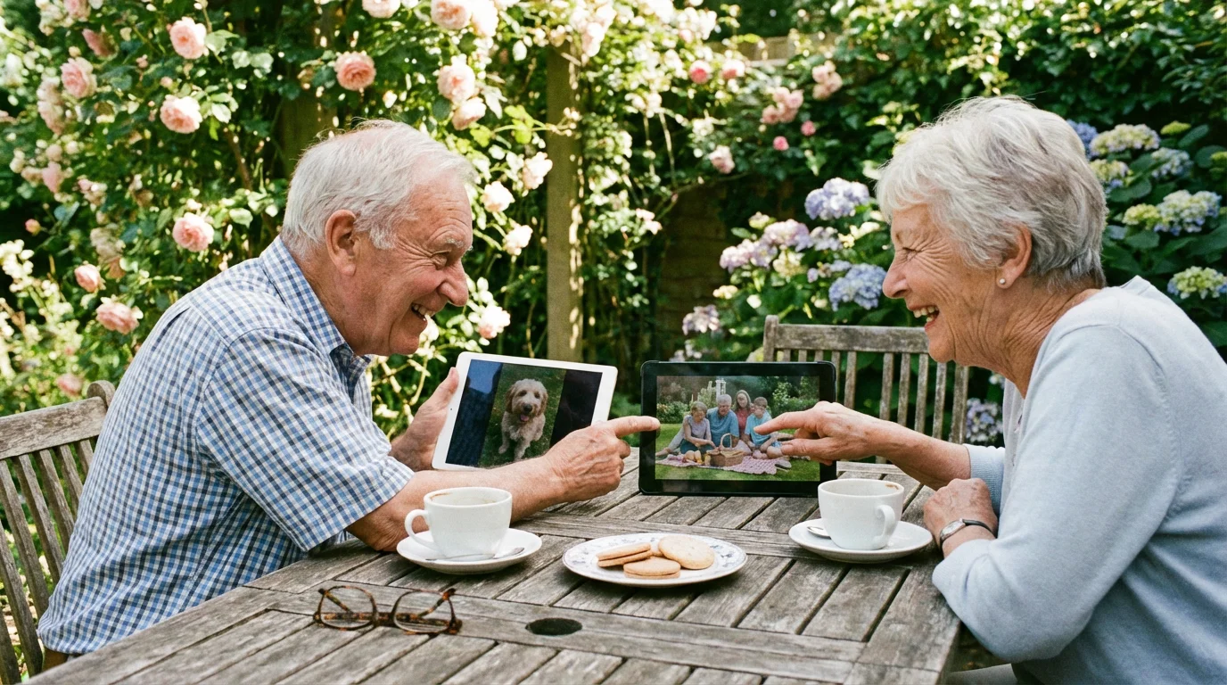 Two seniors sitting outdoors at a table, each using a different brand of tablet and laughing.