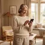 A senior woman smiling while listening to her smartphone in a bright, cozy living room.