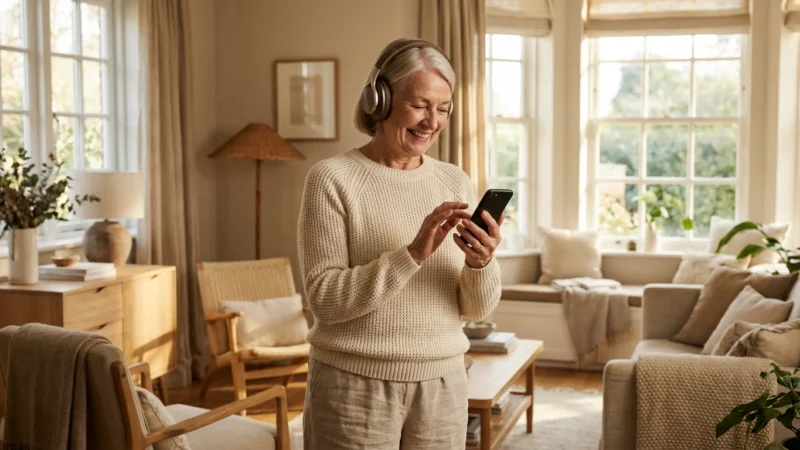 A senior woman smiling while listening to her smartphone in a bright, cozy living room.