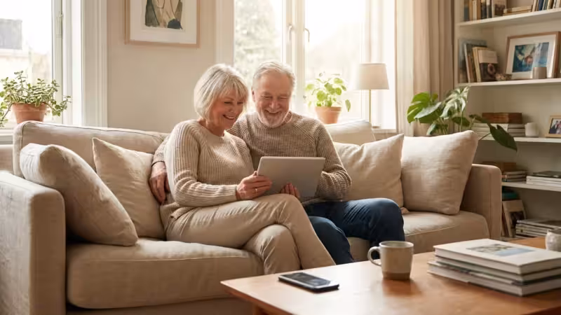 A senior couple smiles while looking at a tablet in their bright, sunlit living room.