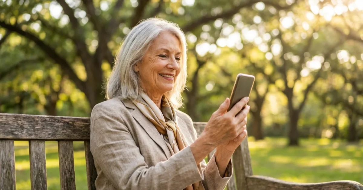 A senior woman smiling while using her smartphone on a sunny park bench.