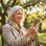 A senior woman smiling while using her smartphone on a sunny park bench.
