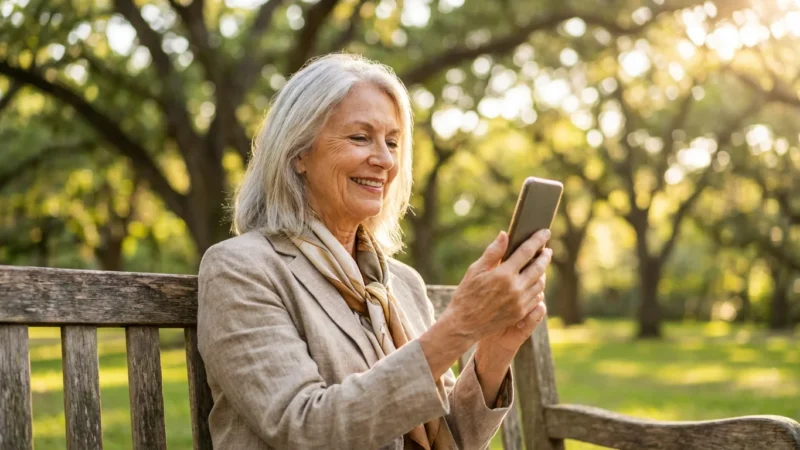A senior woman smiling while using her smartphone on a sunny park bench.