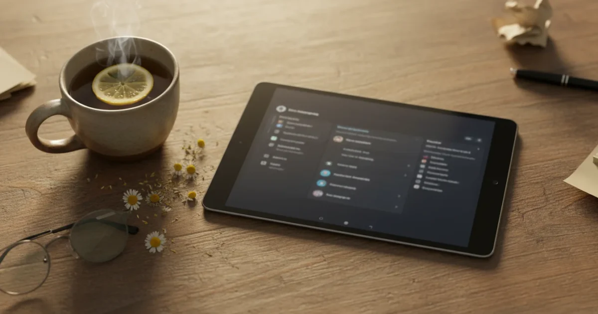 A flat lay photo showing a generic tablet with a blurred screen, a cup of tea, and reading glasses on a wooden desk, bathed in golden hour light.