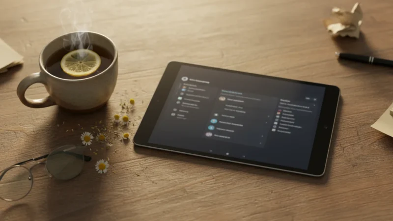 A flat lay photo showing a generic tablet with a blurred screen, a cup of tea, and reading glasses on a wooden desk, bathed in golden hour light.
