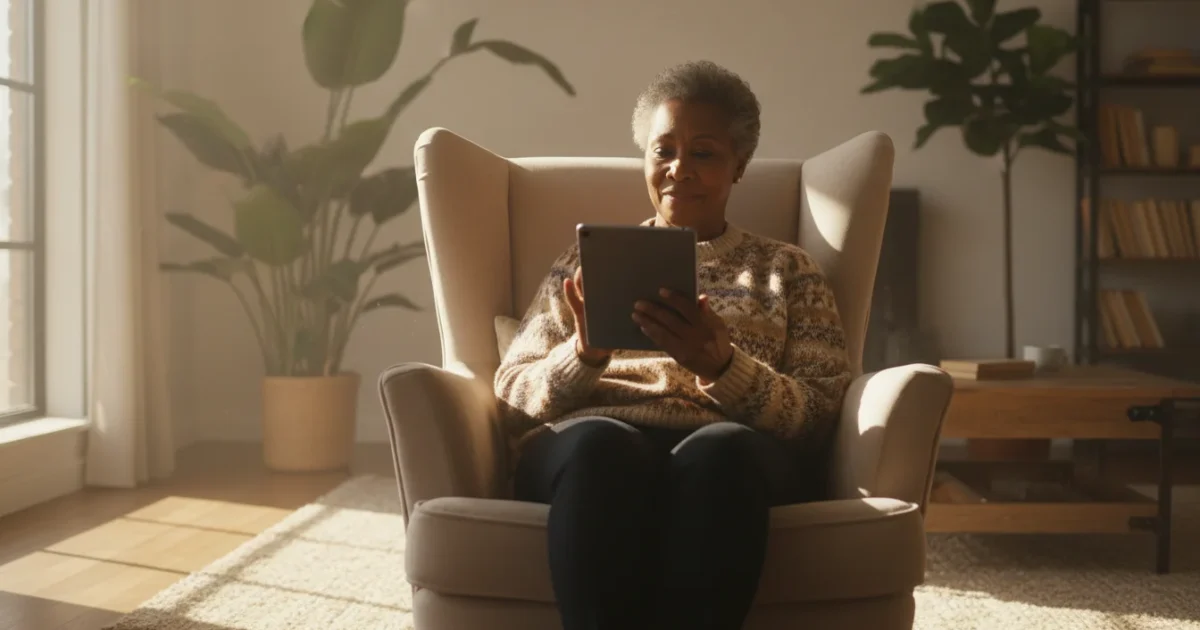 A senior African American woman sits in an armchair, looking at a tablet with a thoughtful expression. Warm light casts gentle shadows in the living room.