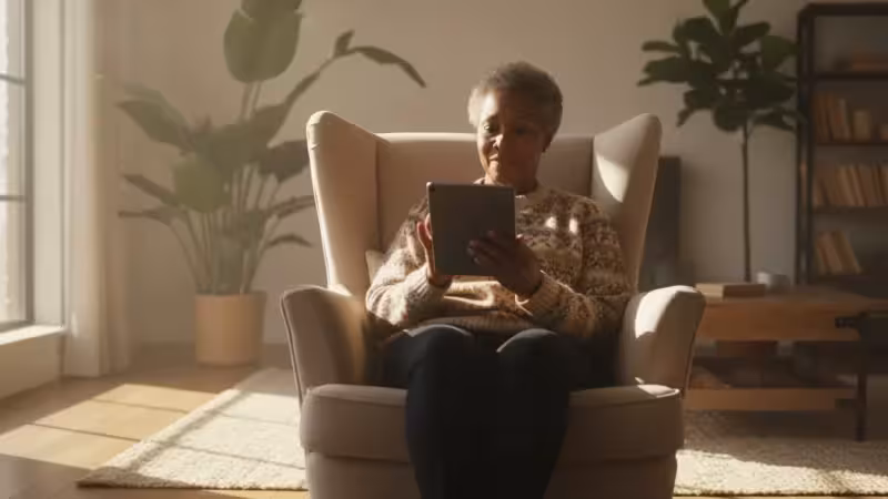 A senior African American woman sits in an armchair, looking at a tablet with a thoughtful expression. Warm light casts gentle shadows in the living room.