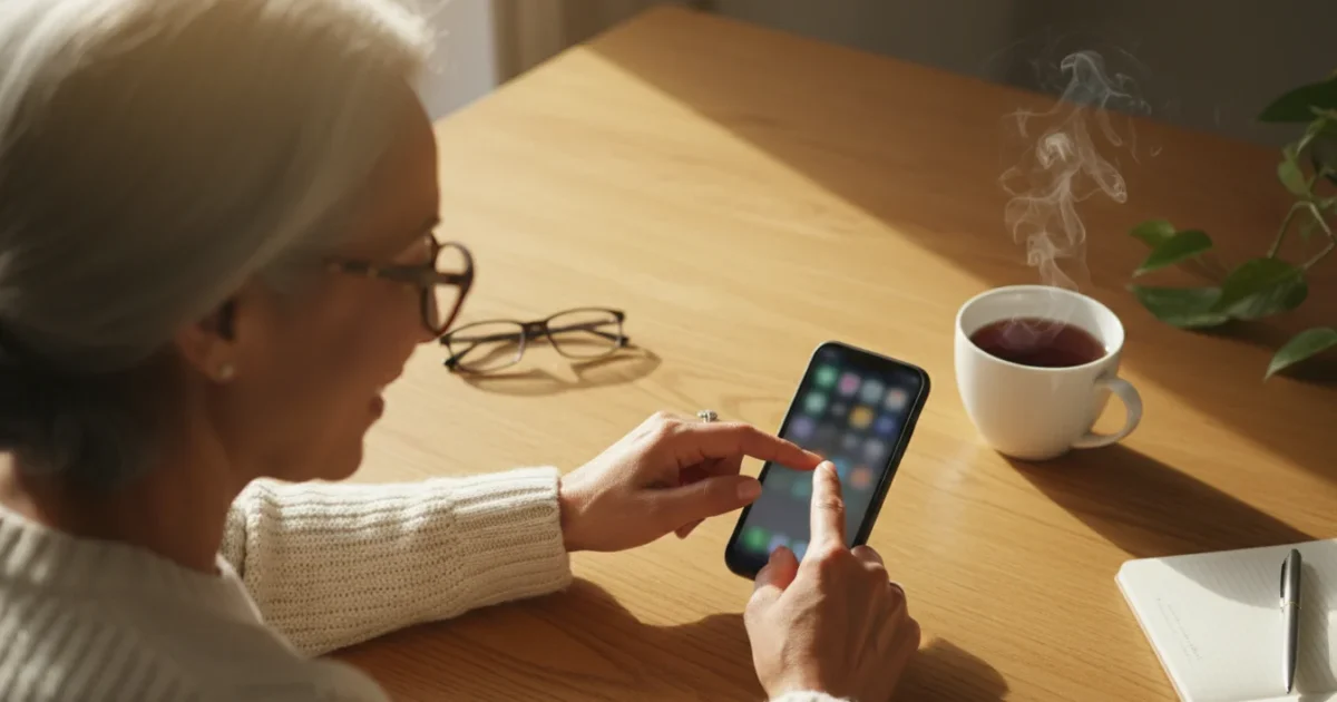A senior woman's hands gently touching a smartphone on a wooden table, with warm natural light and soft shadows.