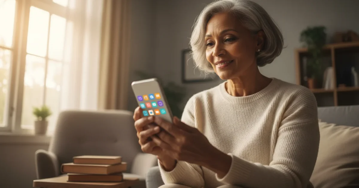 A senior woman smiling confidently as she interacts with a generic smartphone, held in her hands in a warm, naturally lit living room.