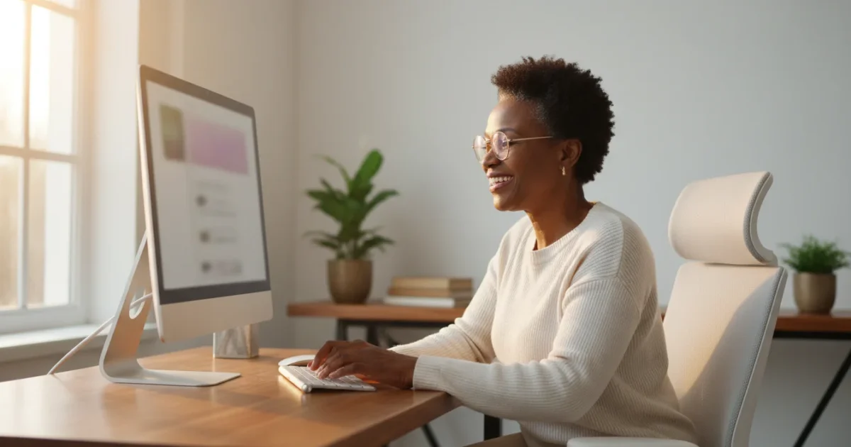 A confident African American senior woman sits at a desk, looking at a generic desktop computer screen in warm golden hour light.