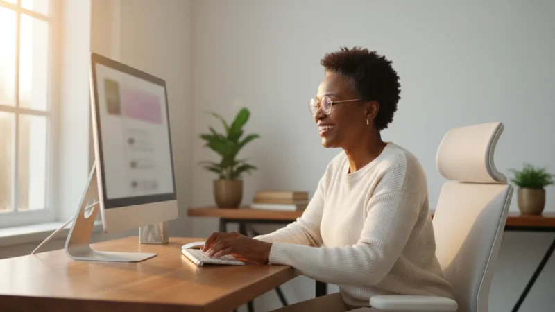 A confident African American senior woman sits at a desk, looking at a generic desktop computer screen in warm golden hour light.