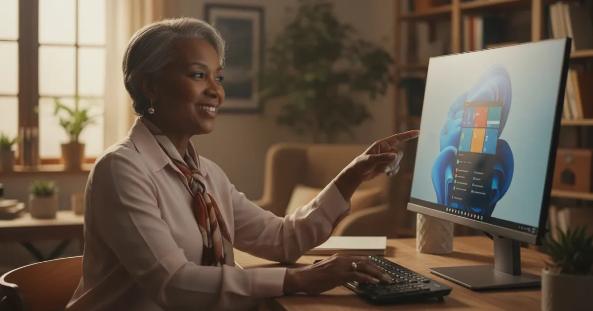 An African American senior woman confidently interacts with a desktop computer in a warm home office, pointing at the monitor.