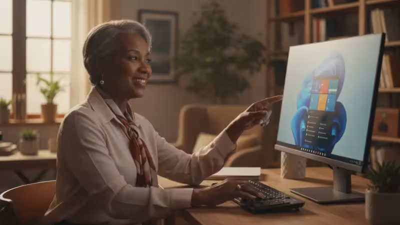 An African American senior woman confidently interacts with a desktop computer in a warm home office, pointing at the monitor.