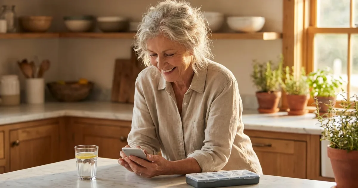 A senior woman smiling at her phone in a bright kitchen with a glass of water nearby.