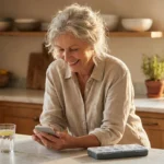 A senior woman smiling at her phone in a bright kitchen with a glass of water nearby.