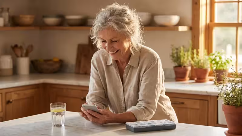 A senior woman smiling at her phone in a bright kitchen with a glass of water nearby.
