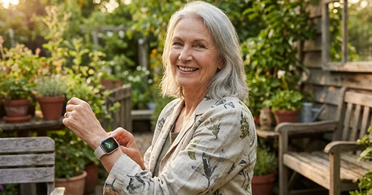 A senior woman smiling while checking her smartwatch in a sunny garden.