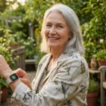 A senior woman smiling while checking her smartwatch in a sunny garden.
